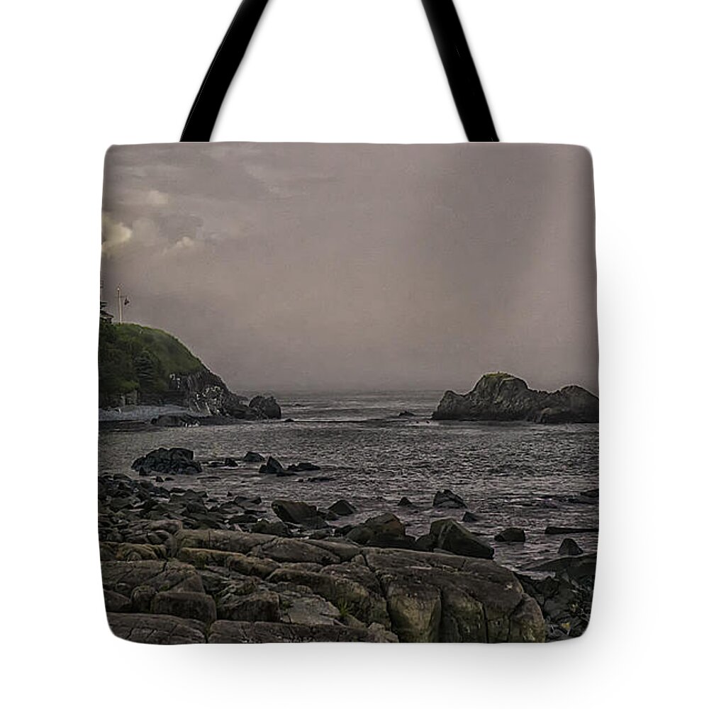 Late Afternoon Sun On West Quoddy Head Lighthouse Tote Bag featuring the photograph Late Afternoon Sun on West Quoddy Head Lighthouse by Marty Saccone