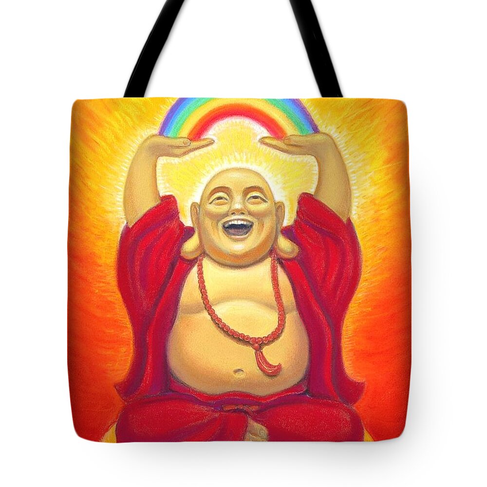 Buddha Tote Bag featuring the pastel Laughing Rainbow Buddha by Sue Halstenberg