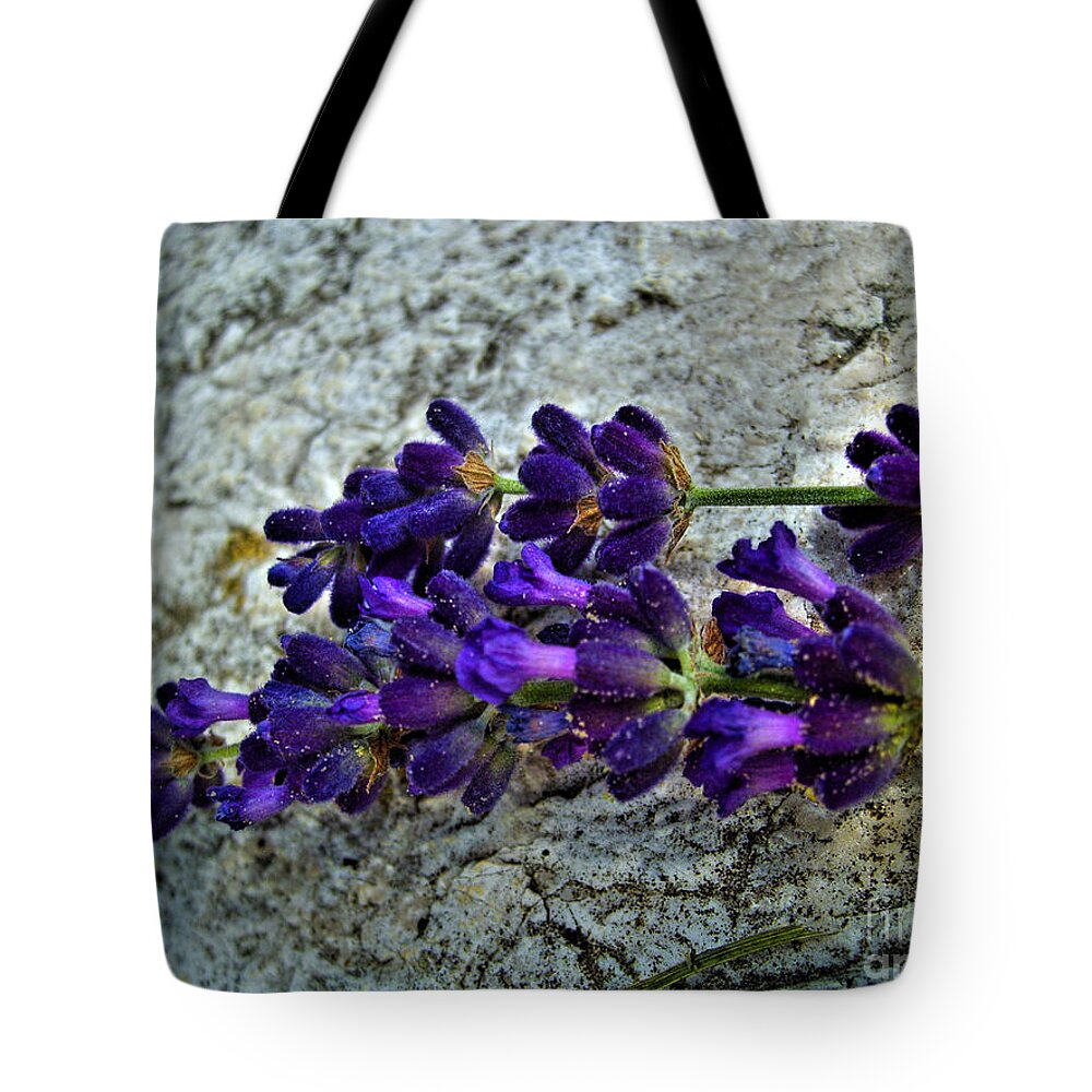 Flower Tote Bag featuring the photograph Lavender On White Stone by Nina Ficur Feenan