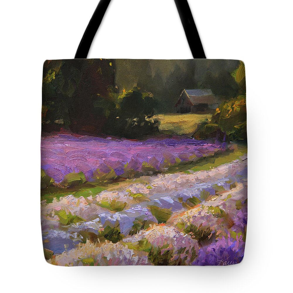Oregon Tote Bag featuring the painting Lavender Farm Landscape Painting - Barn and Field at Sunset Impressionism by K Whitworth