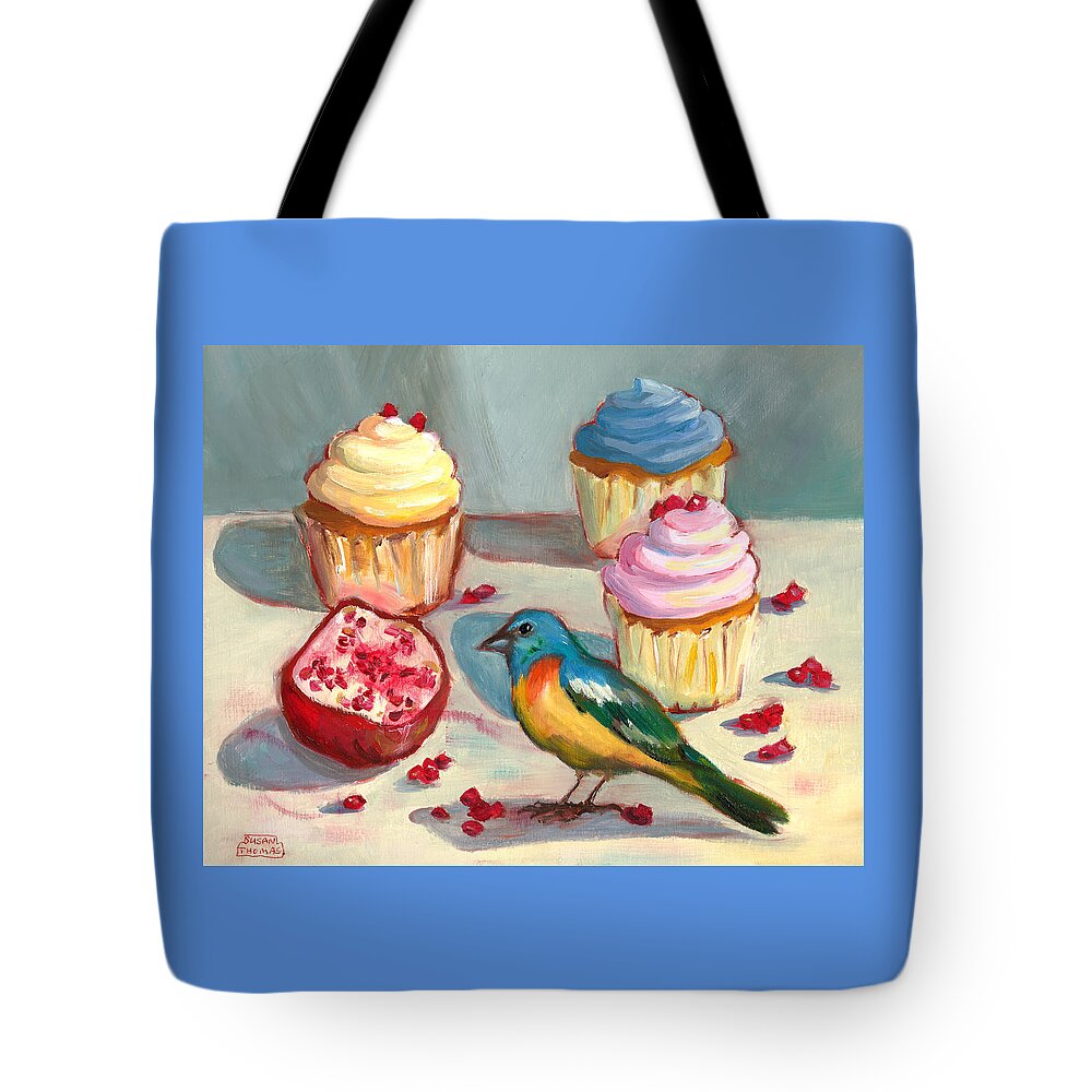 Pomegranate Tote Bag featuring the painting Lazuli Bunting and Pomegranate Cupcakes by Susan Thomas