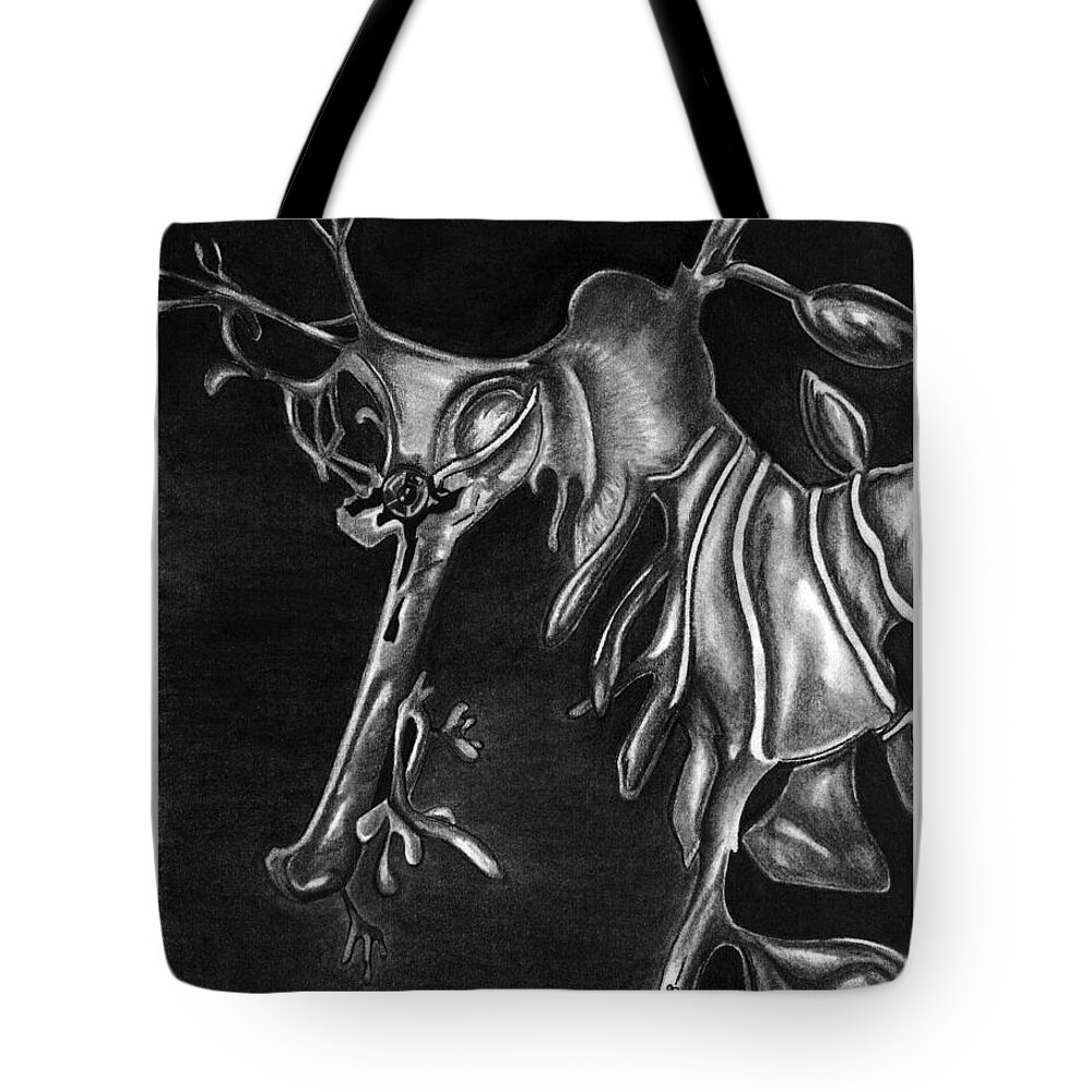 Charcoal Tote Bag featuring the drawing Leafy Sea Dragon by Leara Nicole Morris-Clark