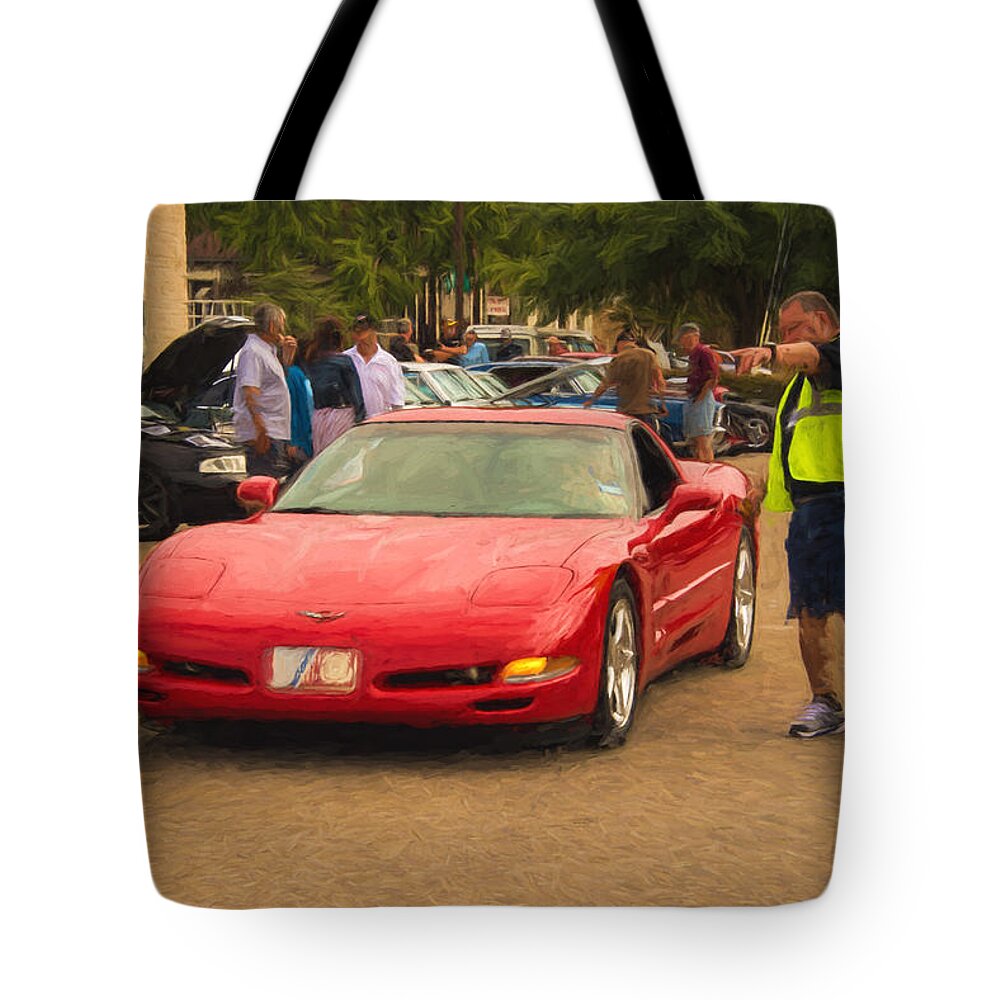 Leander Tote Bag featuring the photograph Leander Texas Car Show Directing Traffic by JG Thompson