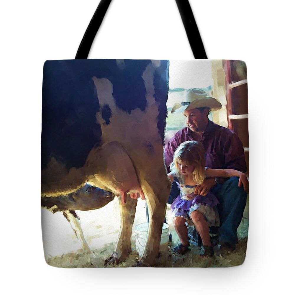 Animal Tote Bag featuring the digital art Learning how to get milk by Debra Baldwin