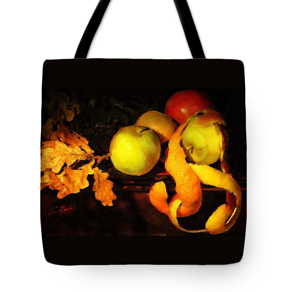 Leaves Tote Bag featuring the digital art Leaves Fruits and Peels by Charlie Roman