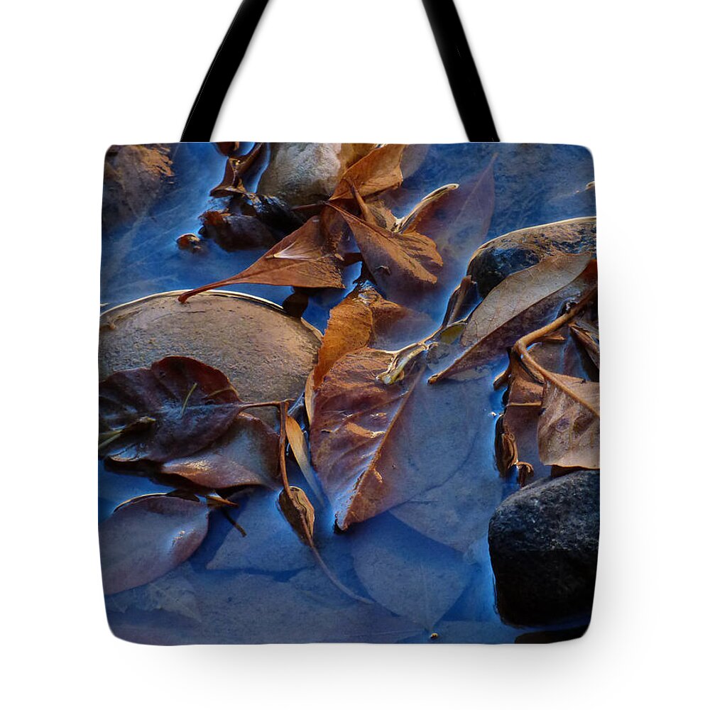 Leaf Tote Bag featuring the photograph Leaves in Iridescent Water by Marcia Socolik