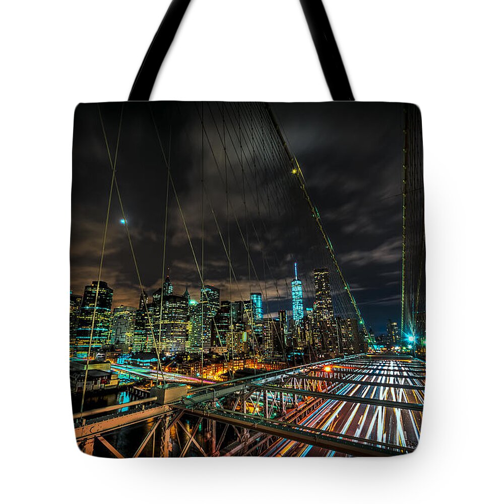 City Tote Bag featuring the photograph Leaving New York City via the Brooklyn Bridge by David Morefield