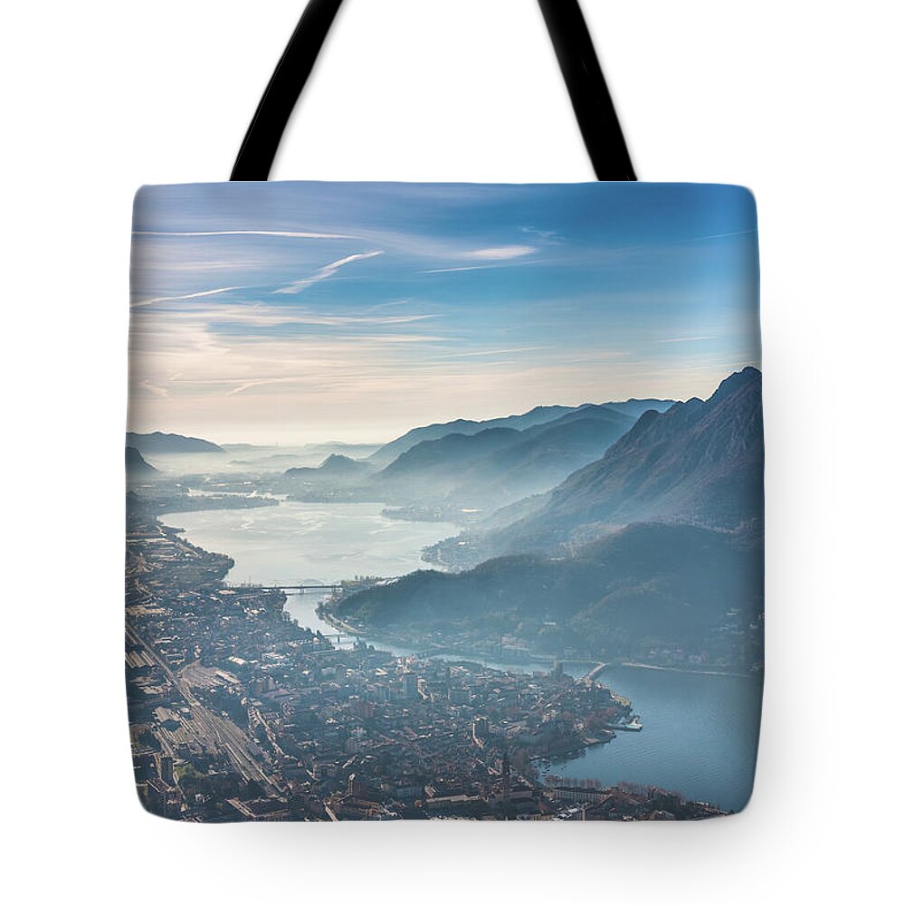 Panoramic Tote Bag featuring the photograph Lecco Lake Aerial View, Como, Italy by Deimagine