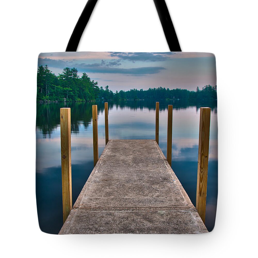 Moultonborough Tote Bag featuring the photograph Lees Mills Dock by Brenda Jacobs