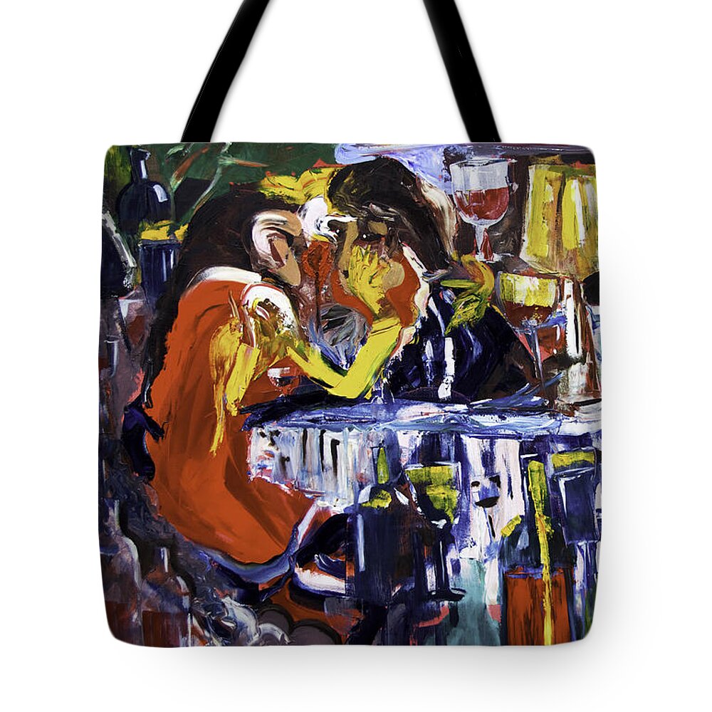Lovers Tote Bag featuring the painting Let's Pay And Go by James Lavott