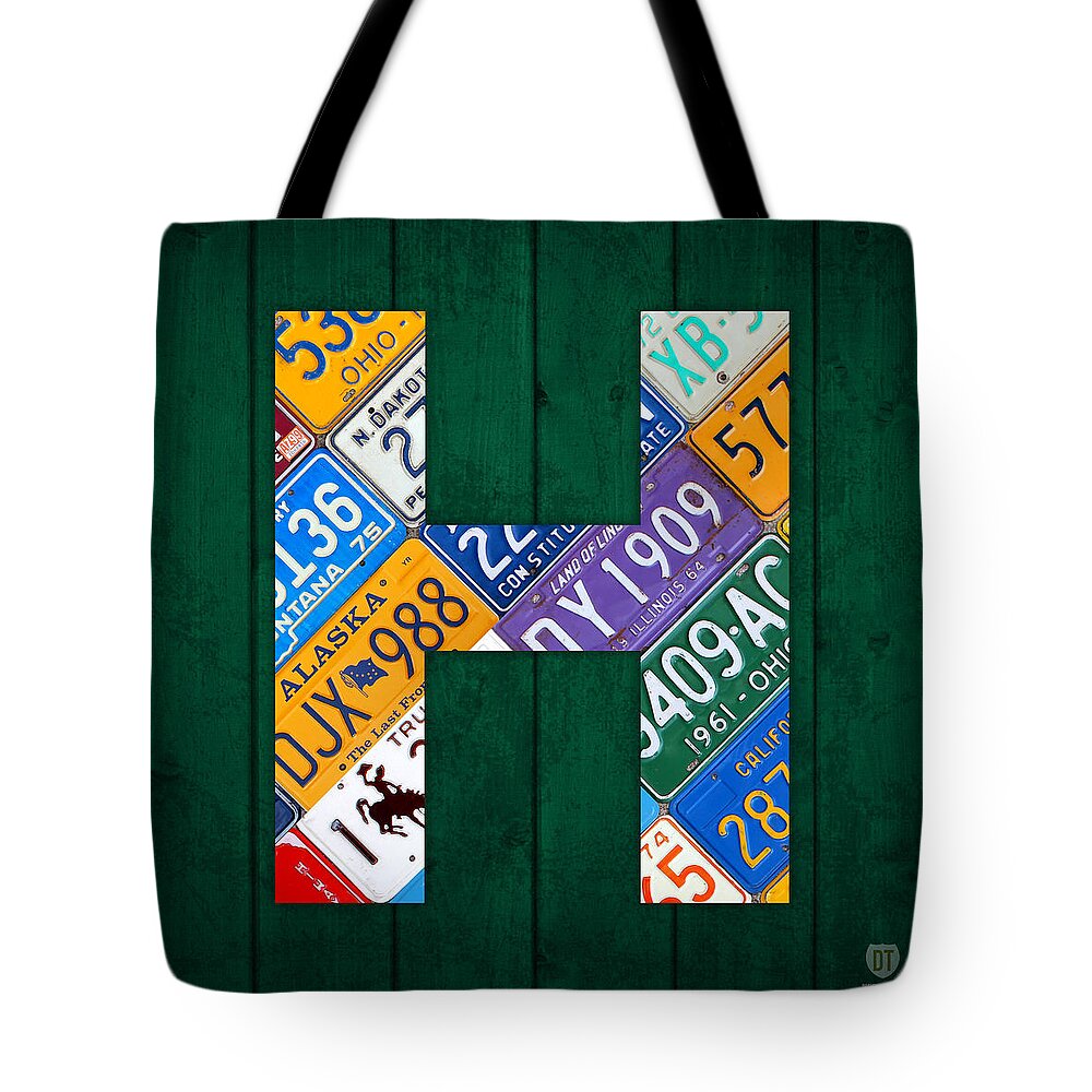 Letter Tote Bag featuring the mixed media Letter H Alphabet Vintage License Plate Art by Design Turnpike