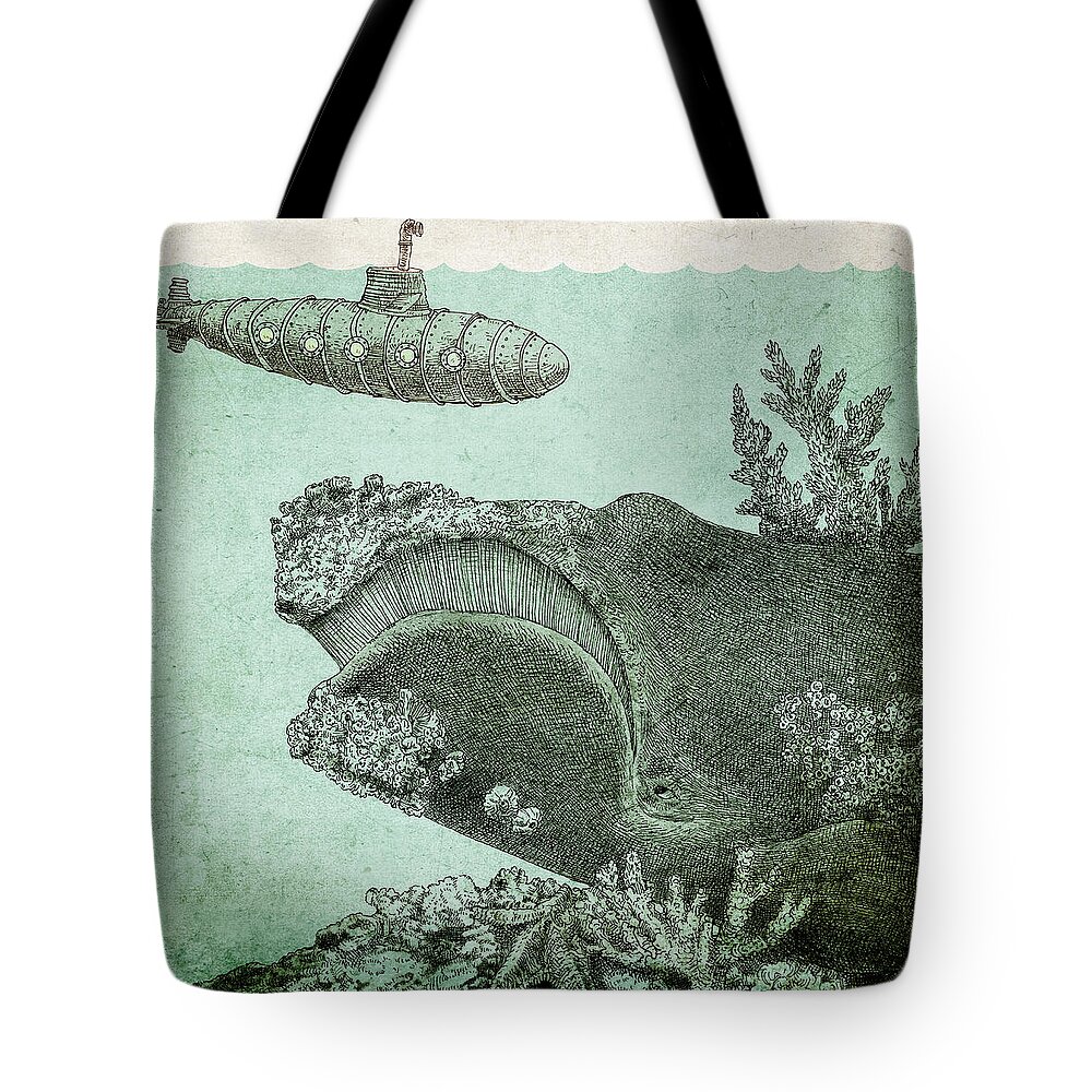 Submarine Tote Bag featuring the drawing Leviathan by Eric Fan