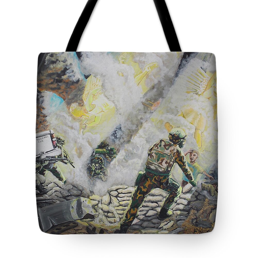 Marines Tote Bag featuring the painting Liberator's Guardian Angles by Carey MacDonald