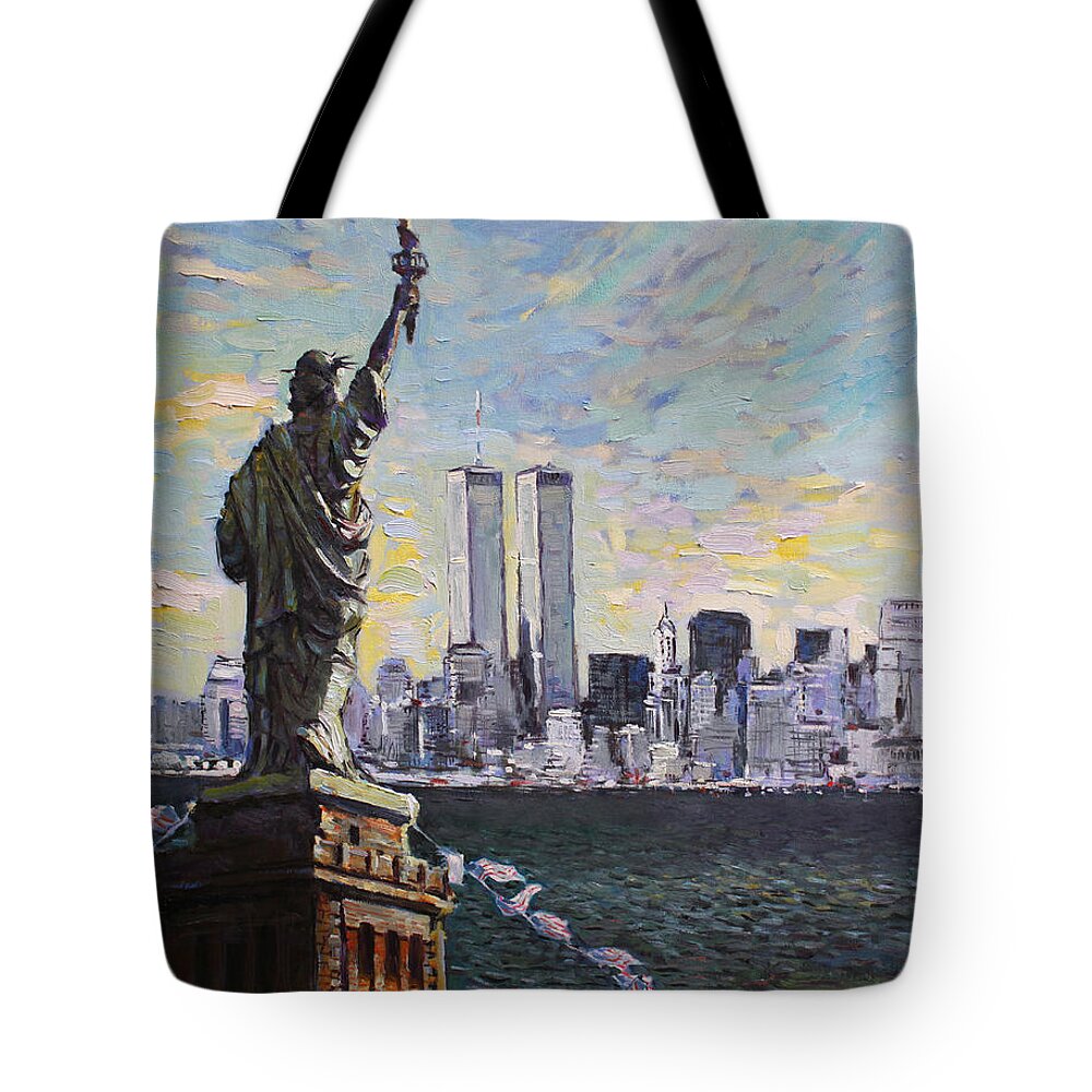 New York City Tote Bag featuring the painting Liberty by Ylli Haruni