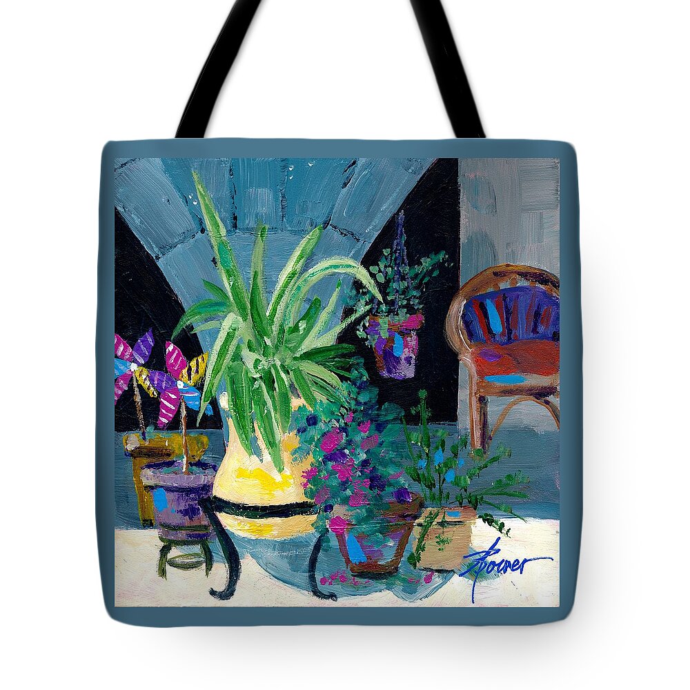 Pot Plants Tote Bag featuring the painting Library Courtyard-Rhodes Old Town by Adele Bower