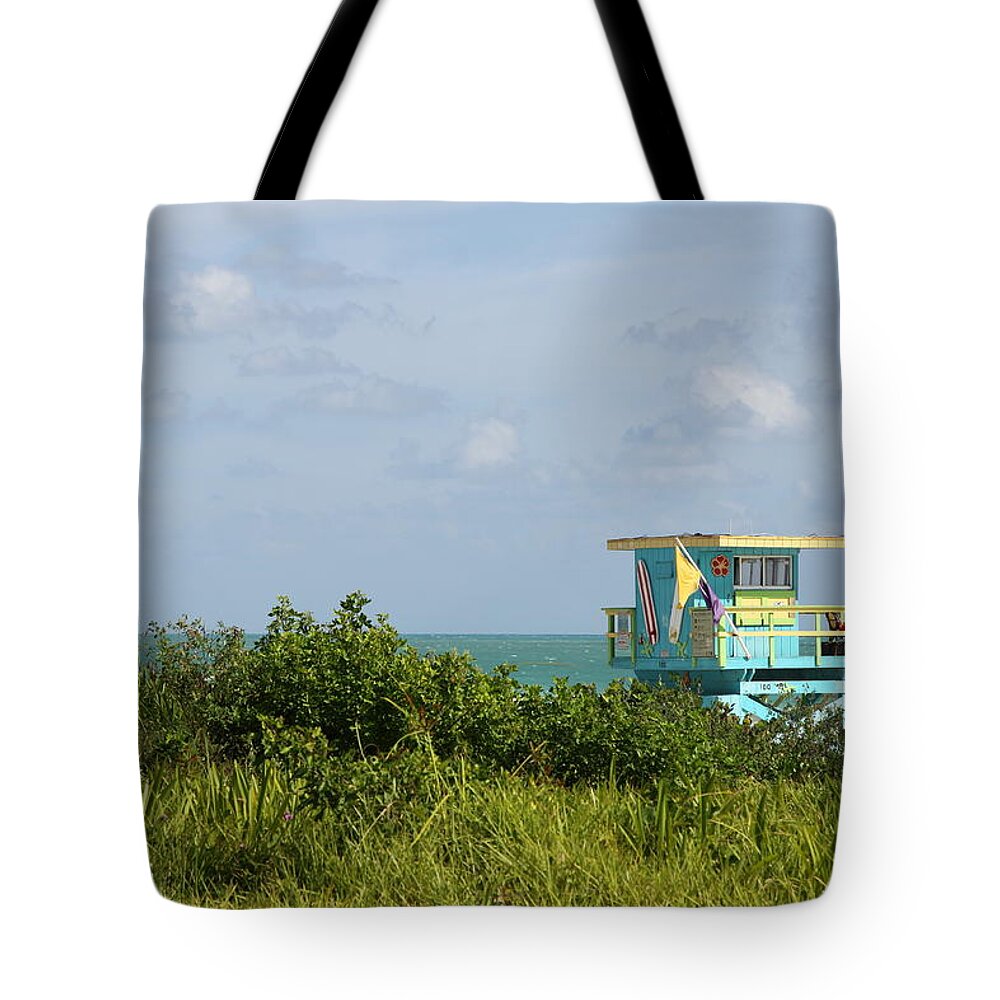 Ocean Rescue Tote Bag featuring the photograph Lifegard Station At South Beach Miami by Christiane Schulze Art And Photography