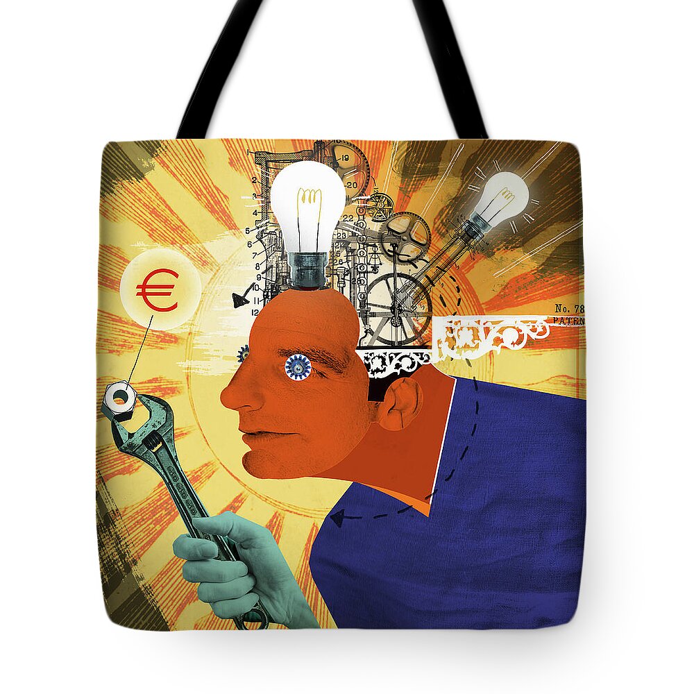 30-35 Tote Bag featuring the photograph Light Bulbs And Cogs Inside Of Head by Ikon Ikon Images