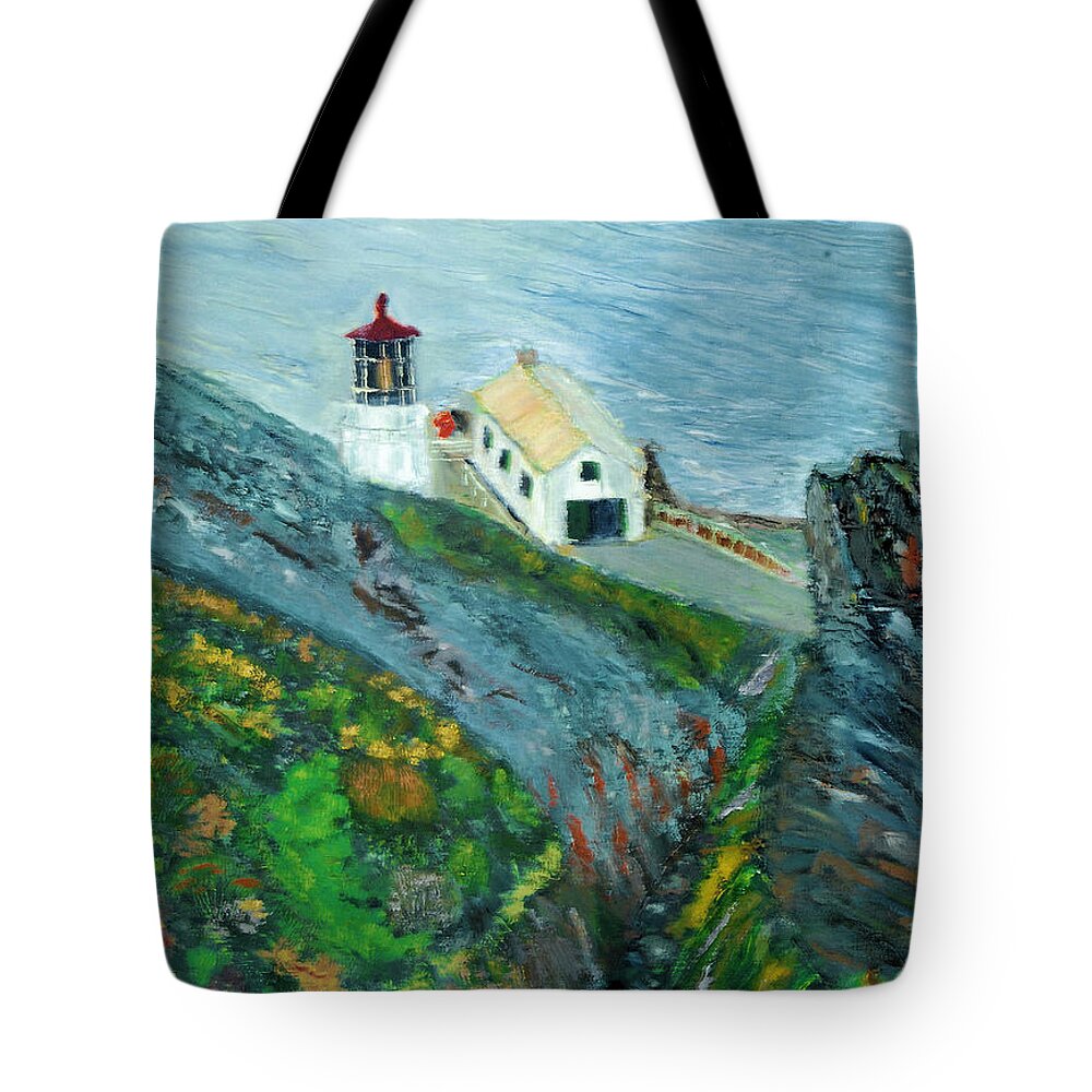 Lighthouse Tote Bag featuring the painting Lighthouse at Point Reyes California by Michael Daniels