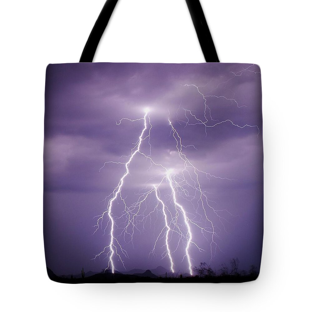 Thunderstorm Tote Bag featuring the photograph Lightning Strikes In The Sonoran Desert by Nic Leister