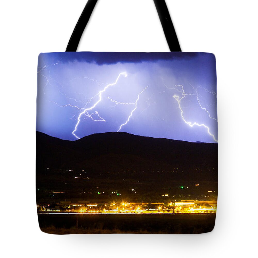 Lightning Tote Bag featuring the photograph Lightning Striking Over IBM Boulder CO 3 by James BO Insogna