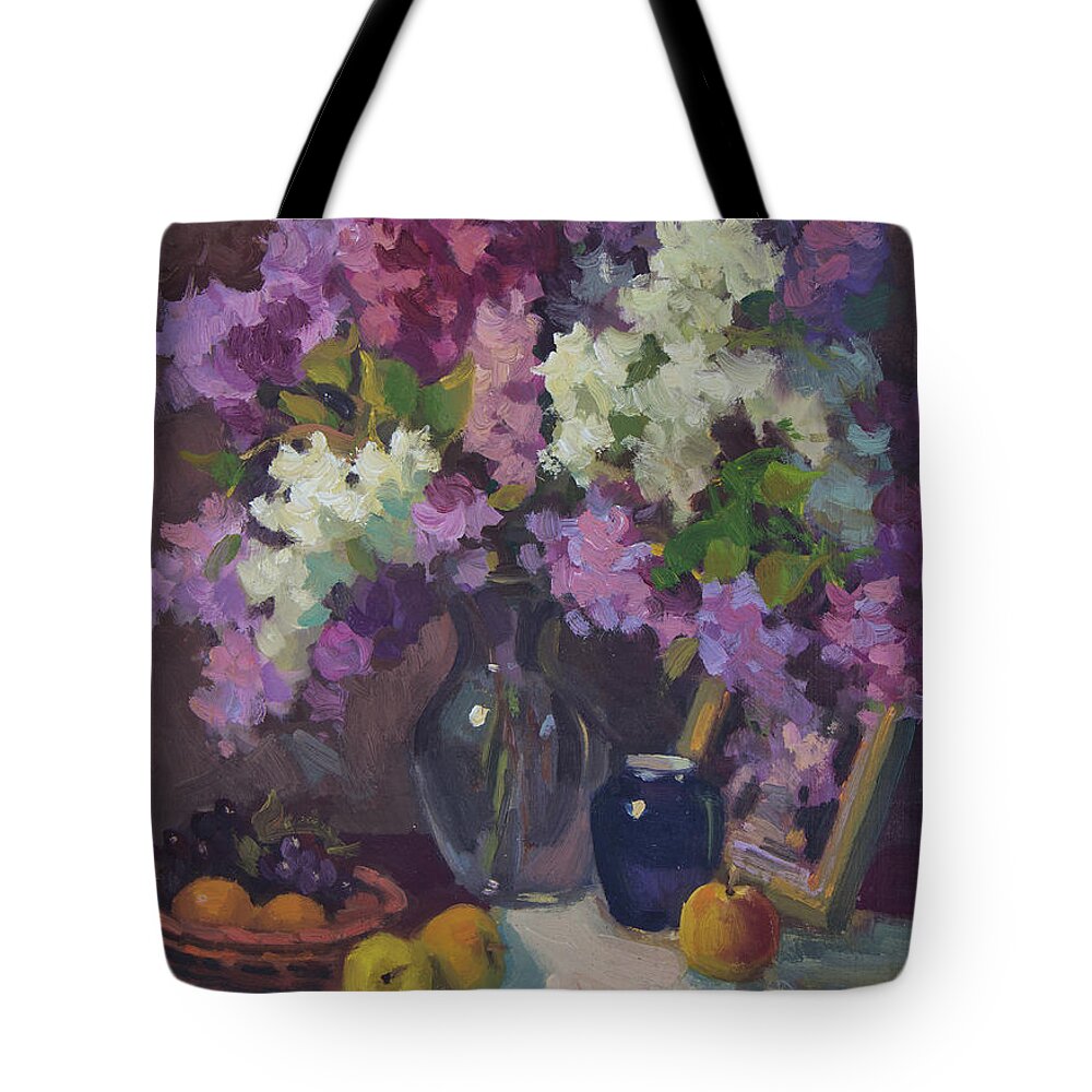 Lilacs Tote Bag featuring the painting Lilacs and Blue Vase by Diane McClary
