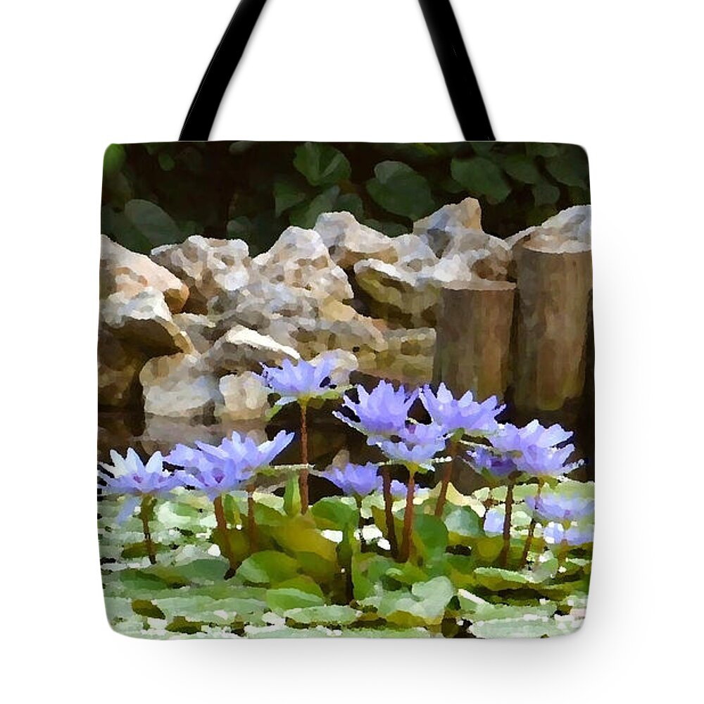 Lilies On The Pond Tote Bag featuring the digital art Lilies on the Pond by Darla Wood