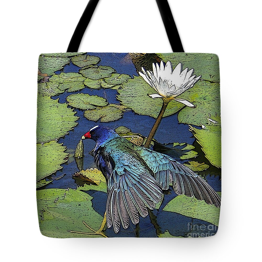 #lily #exoticbird #puntacana #dominicanrepublic #nature Tote Bag featuring the digital art Lily Pad with Bird by Jacquelinemari