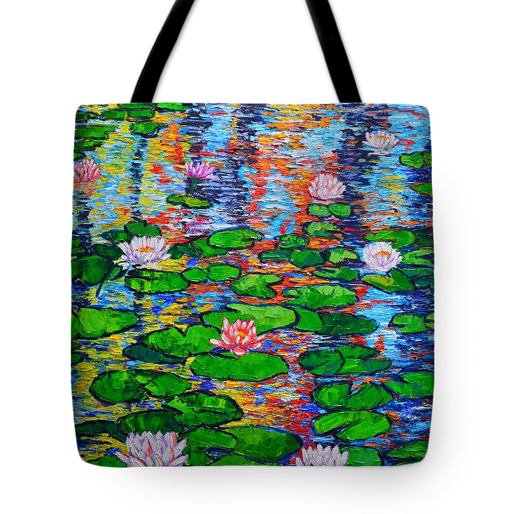Lilies Tote Bag featuring the painting Lily Pond Colorful Reflections by Ana Maria Edulescu
