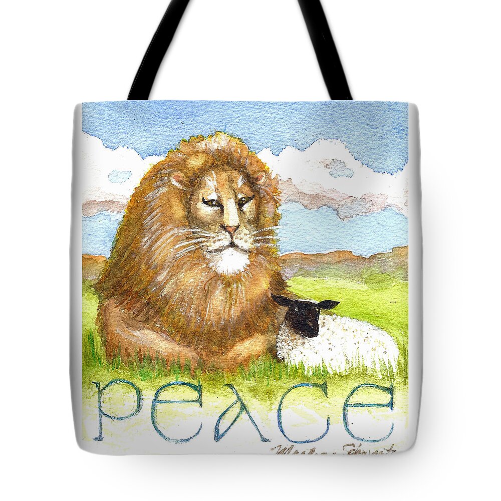 Lion And Lamb Tote Bag featuring the painting Lion and Lamb - Peace by Marlene Schwartz Massey