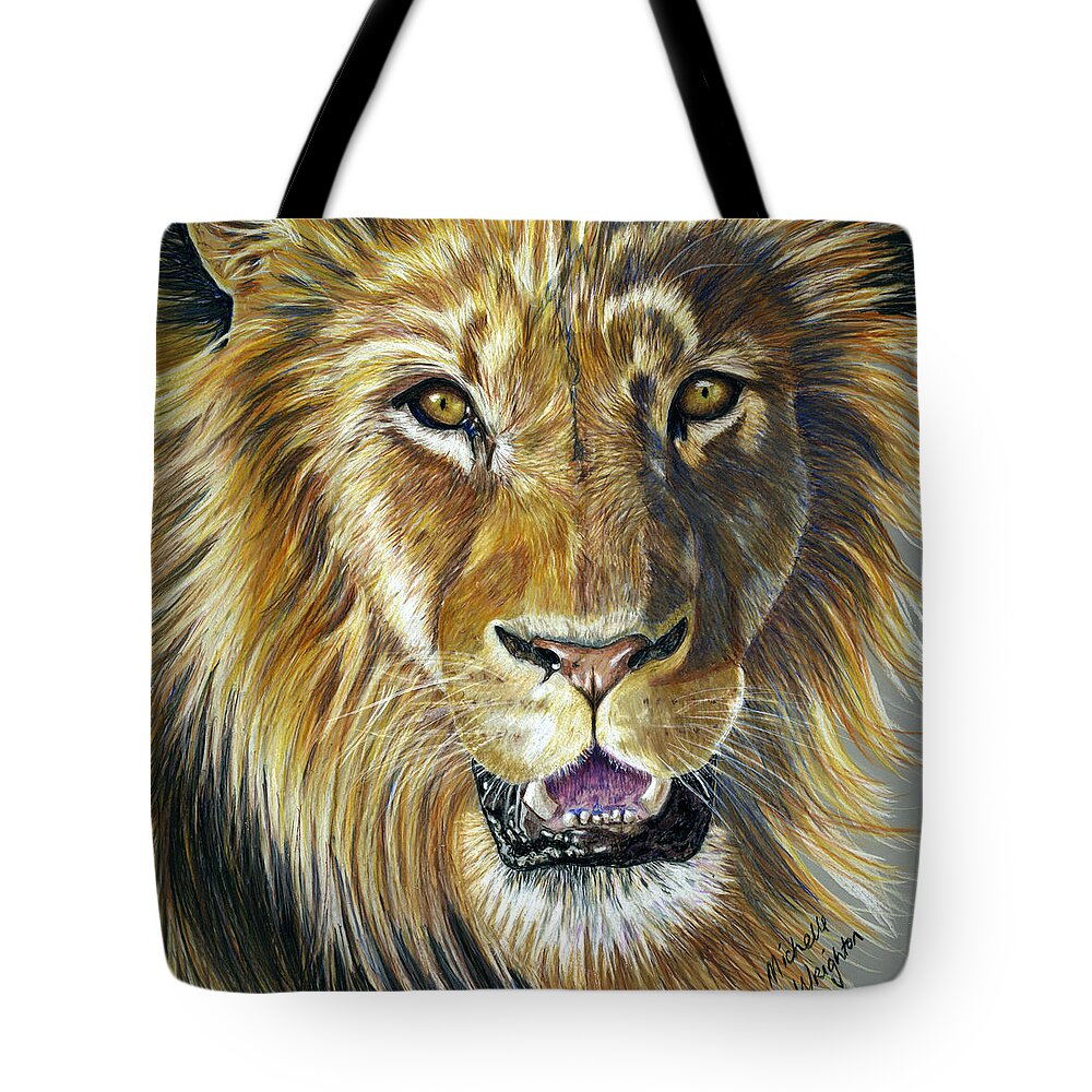 Lions Tote Bag featuring the painting Lion King by Michelle Wrighton
