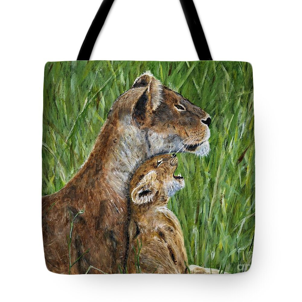 Kenya Tote Bag featuring the painting Lioness and Cub Painting by Timothy Hacker