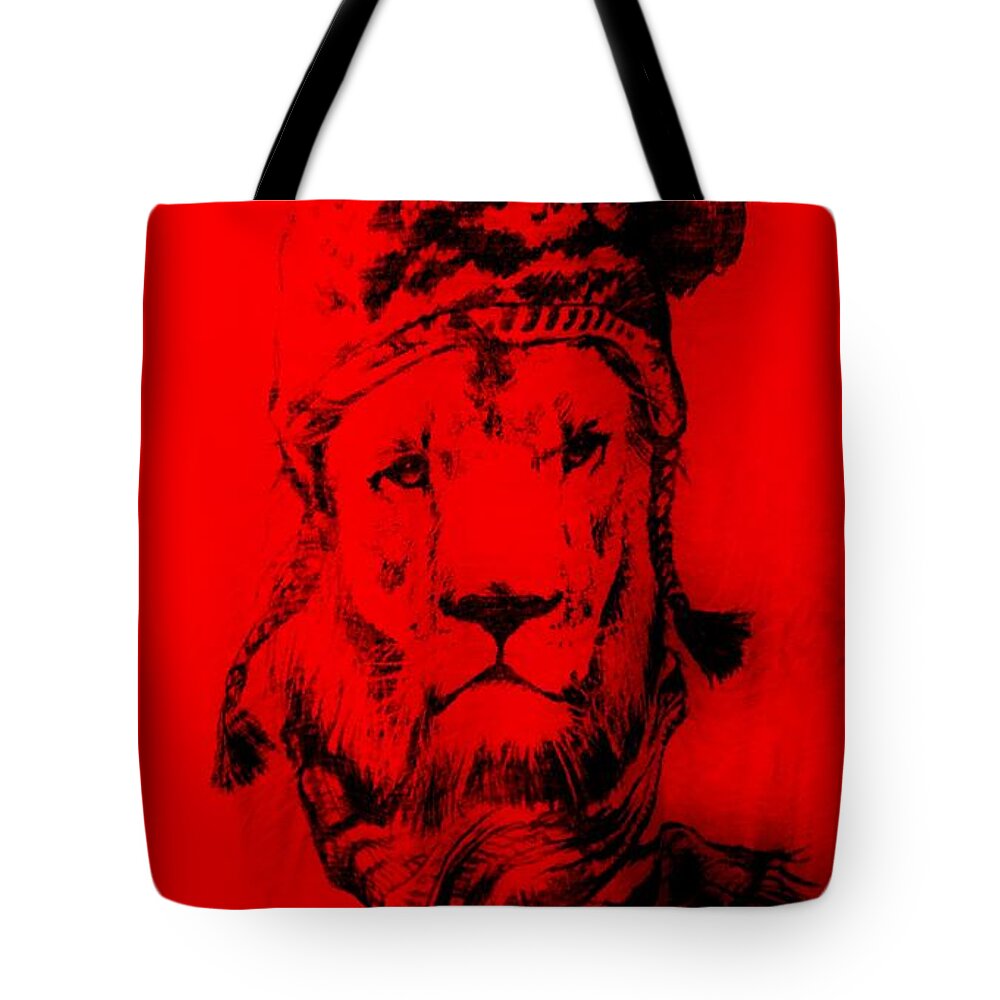 Lion Tote Bag featuring the photograph Winter's Lion Red by Rob Hans