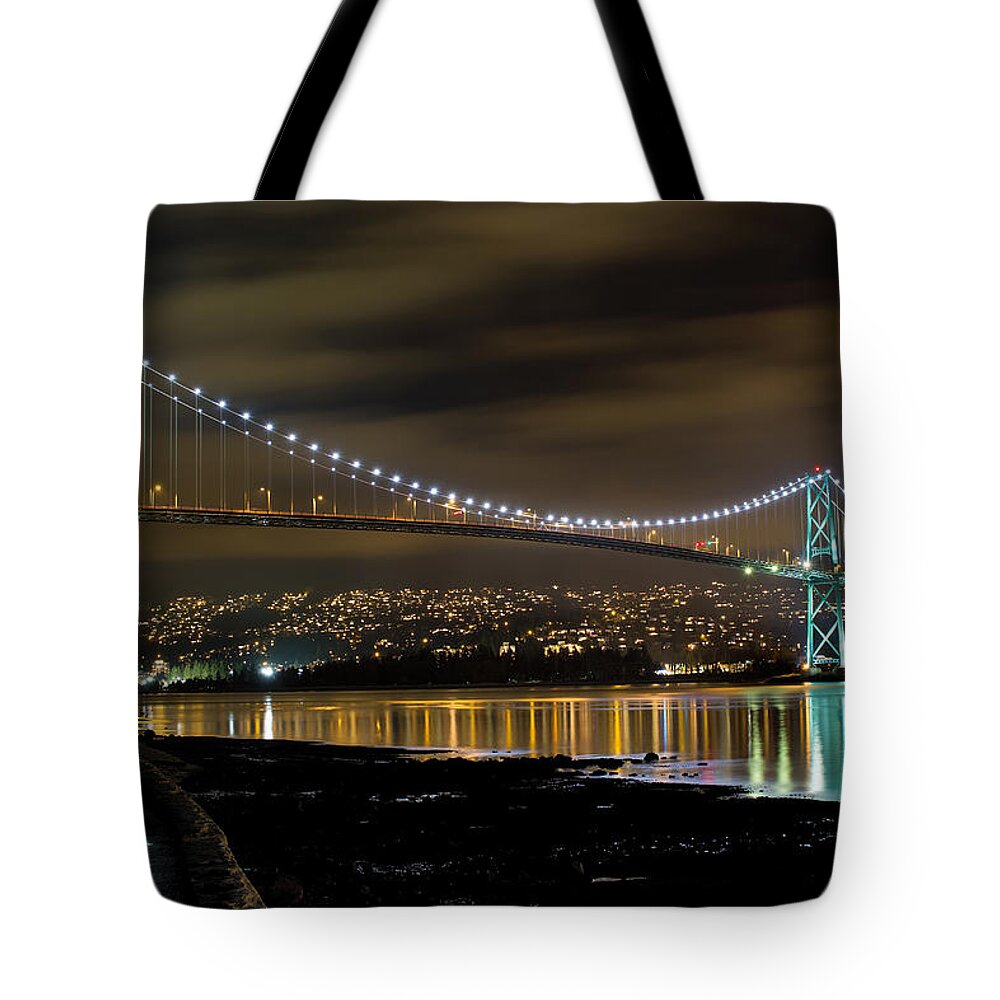 Lions Tote Bag featuring the photograph Lions Gate Bridge at Night by David Gn