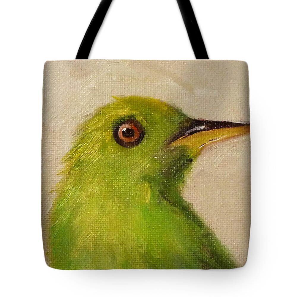 Bird Portrait Tote Bag featuring the painting Little Green Bird by Nancy Merkle