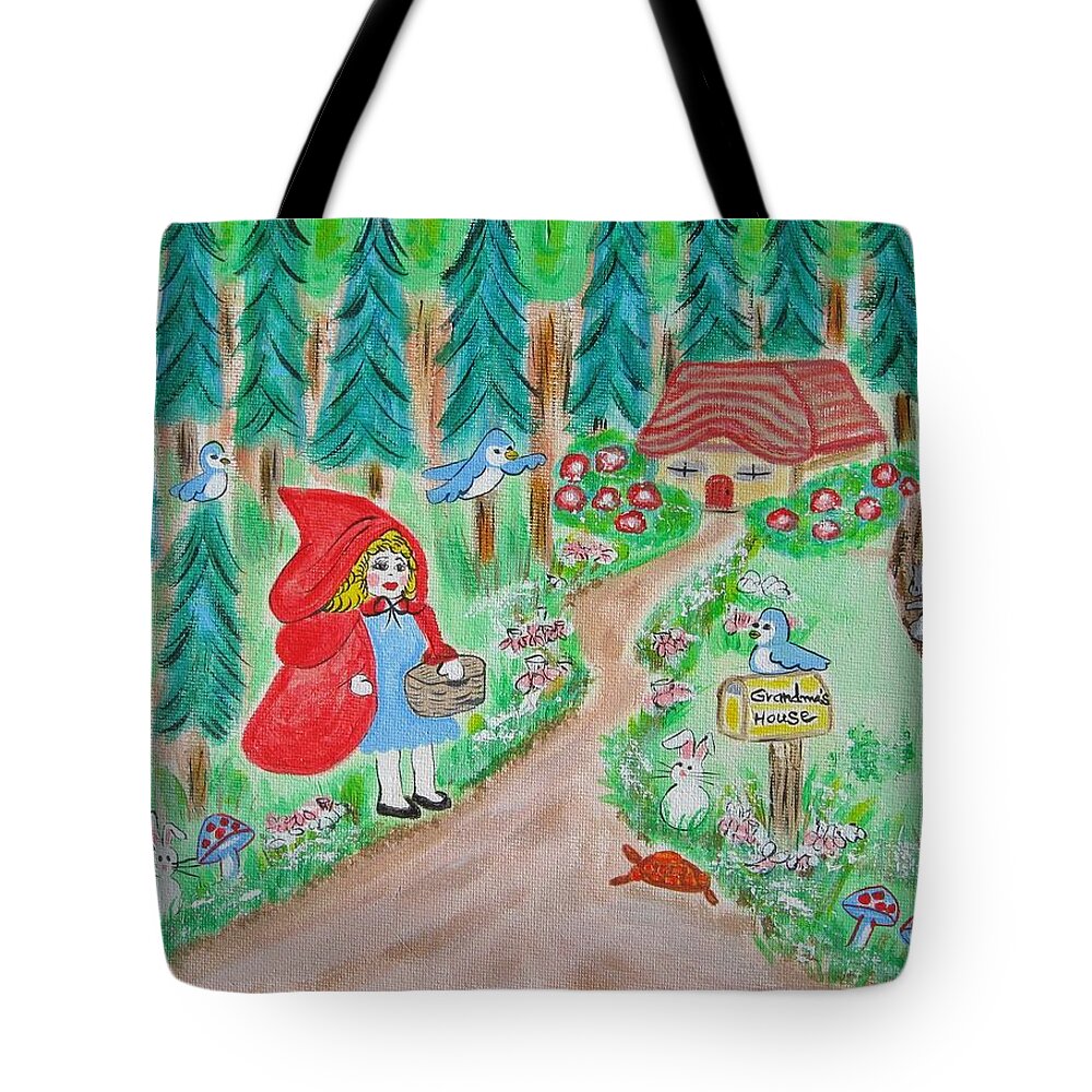 Little Red Riding Hood Tote Bag featuring the painting Little Red Riding Hood with Grandma's House on Mailbox by Diane Pape