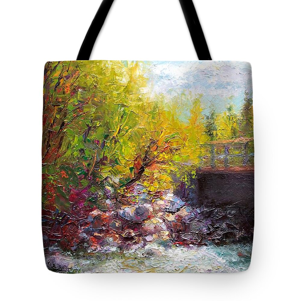 Impressionism Tote Bag featuring the painting Living Water - bridge over Little Su River by Talya Johnson