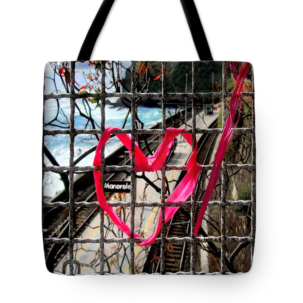 Manarola Tote Bag featuring the photograph Lock and Love.Cinque Terre.Italy by Jennie Breeze