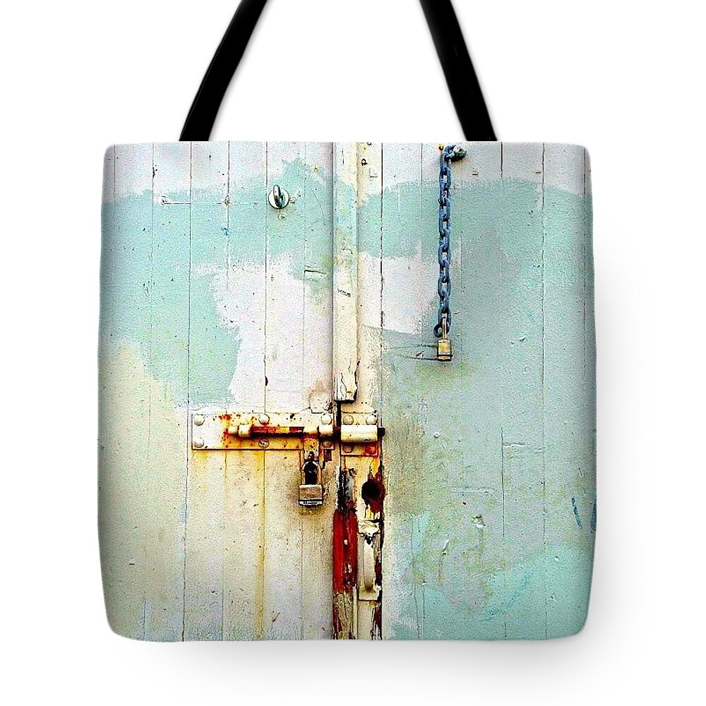 Split5050 Tote Bag featuring the photograph Locks And Chain by Julie Gebhardt