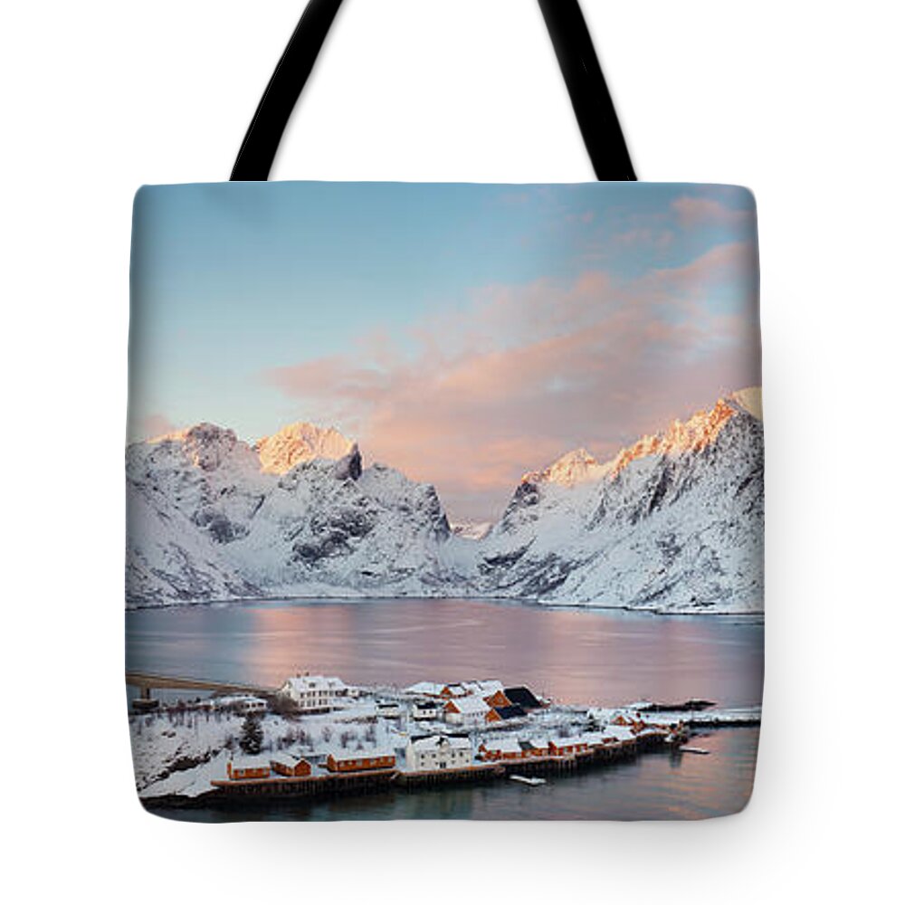 Tranquility Tote Bag featuring the photograph Lofoten Islands Winter Panorama by Esen Tunar Photography