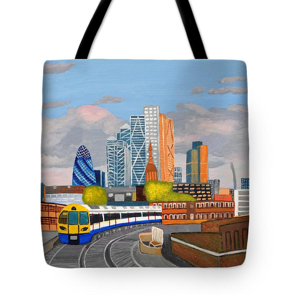 Train Tote Bag featuring the painting London overland train-Hoxton station by Magdalena Frohnsdorff