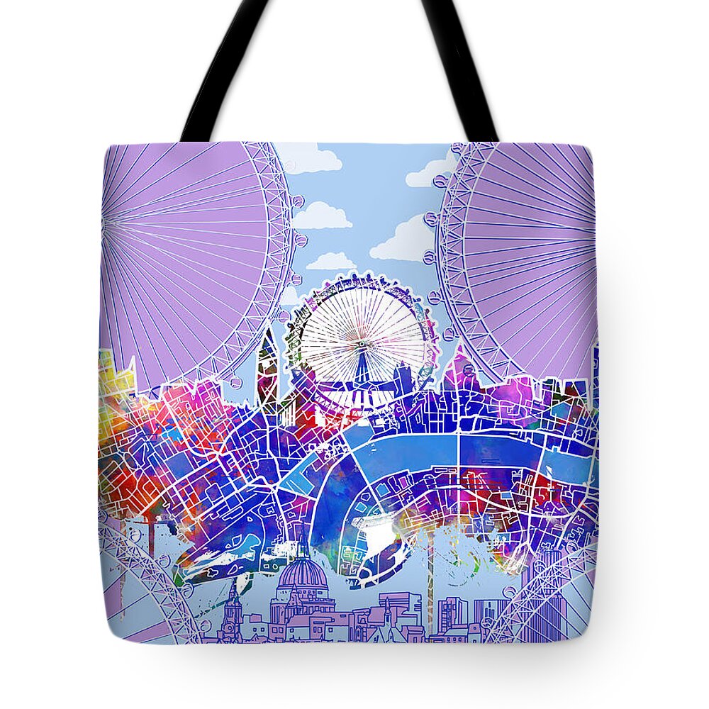 London Tote Bag featuring the painting London Skyline Blue Vintage by Bekim M
