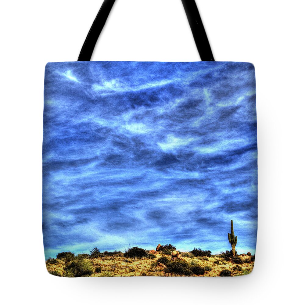 Saguaro Tote Bag featuring the photograph Lone Saguaro on a Hilltop by Roger Passman