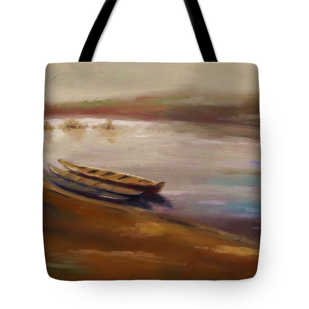 Longboats At The Crossings Tote Bag featuring the painting Long Boats at the Crossing by John Williams