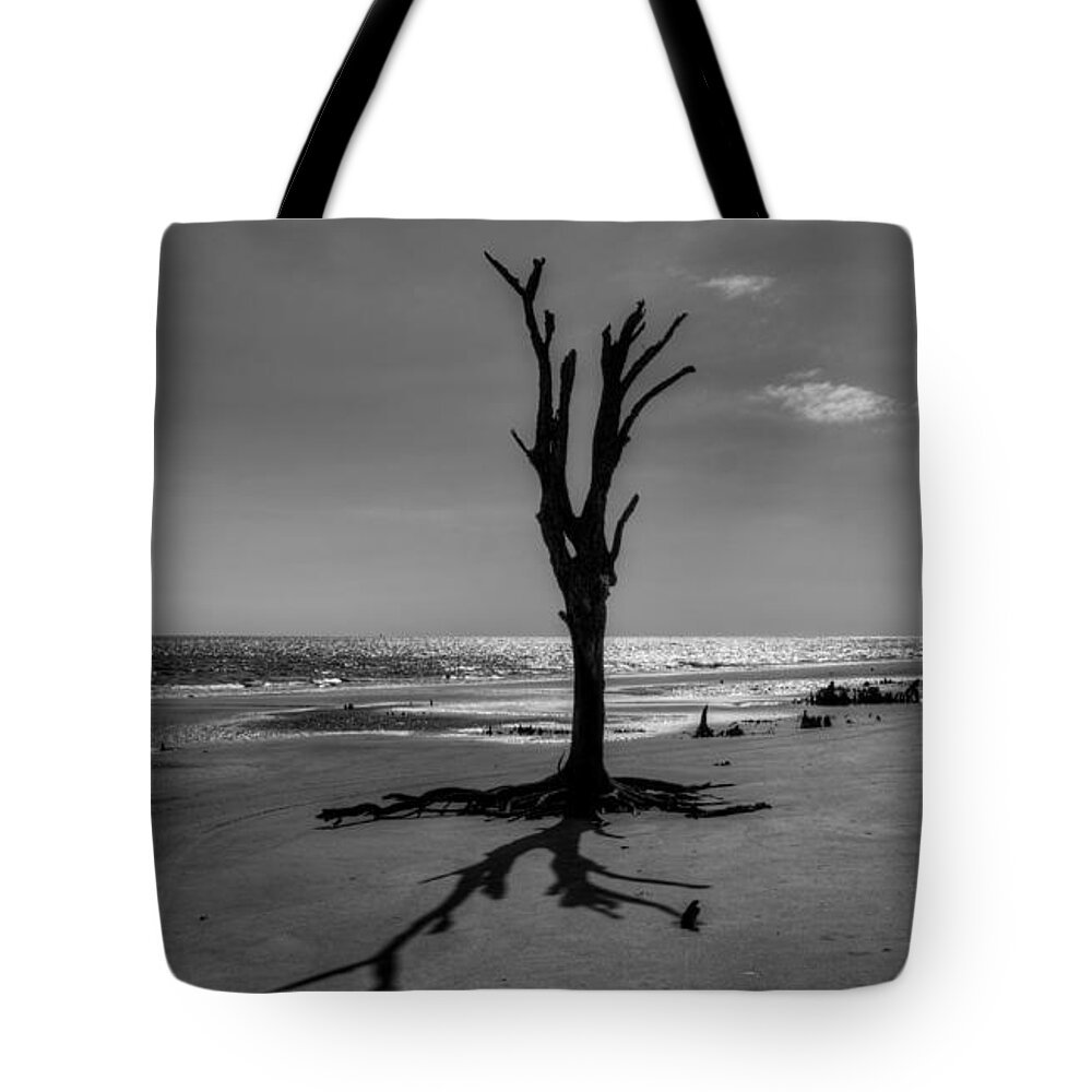Jekyll Island Tote Bag featuring the photograph Long Shadow on Jekyll Island in Black and White by Greg and Chrystal Mimbs