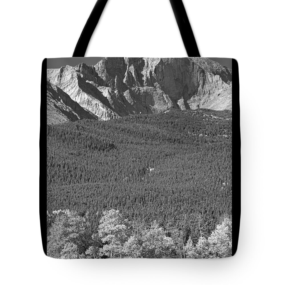 Colorado Tote Bag featuring the photograph Longs Peak 14259 Ft Black and White Poster by James BO Insogna