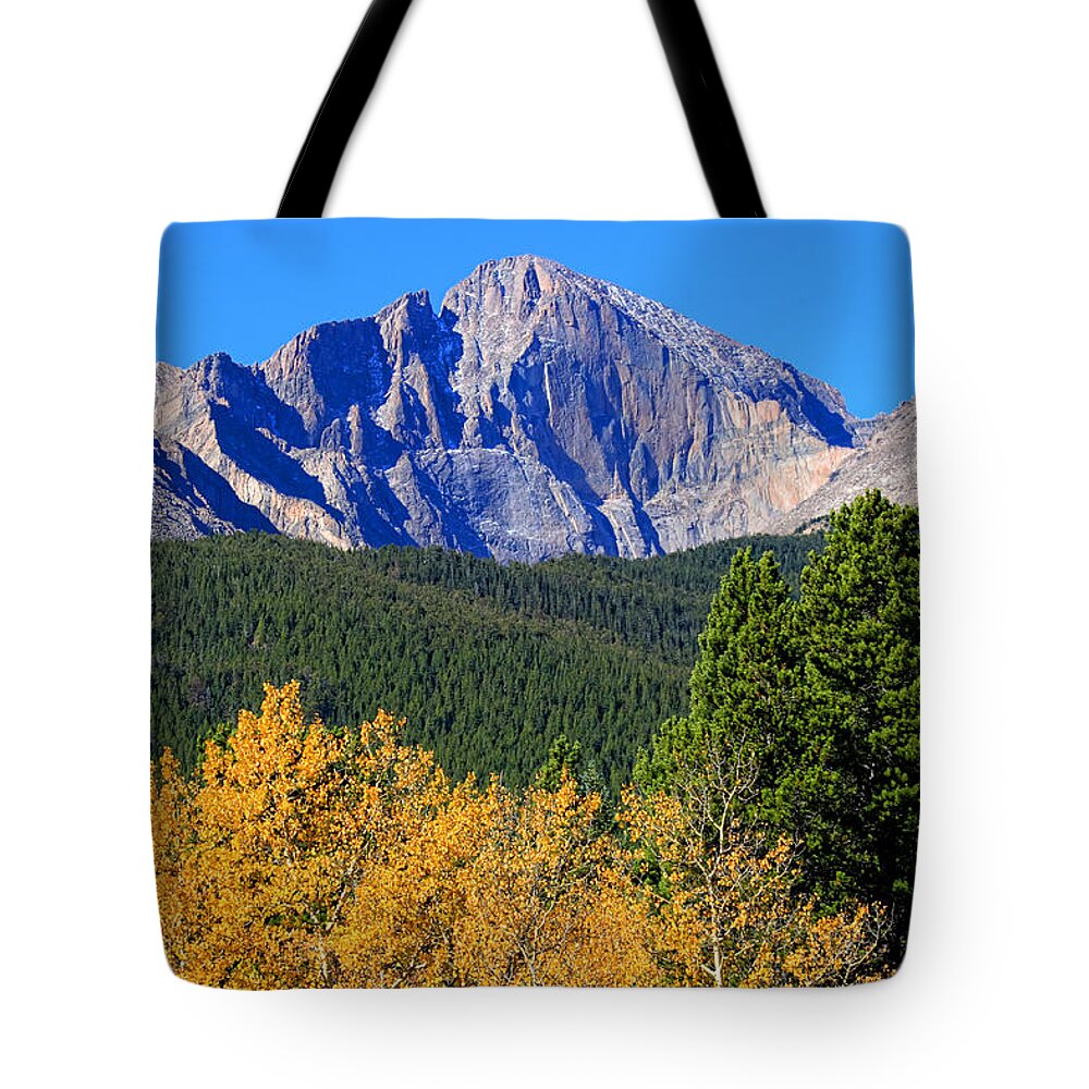 Mountains Tote Bag featuring the photograph Longs Peak Autumn Aspen Landscape View by James BO Insogna