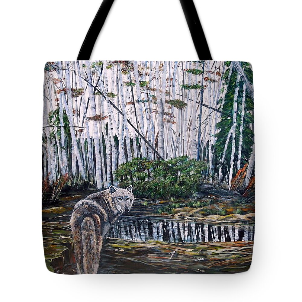 Wolf Tote Bag featuring the painting Looking back by Marilyn McNish