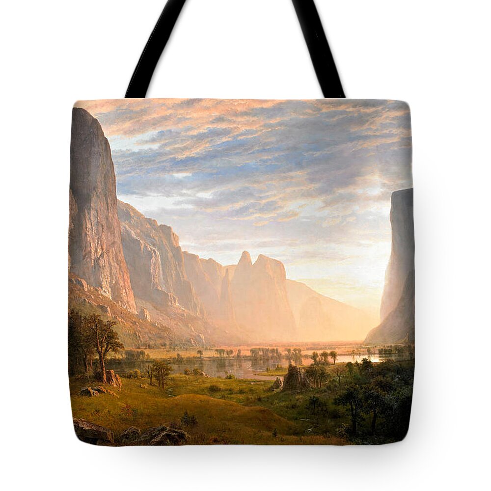 Albert Bierstadt Tote Bag featuring the painting Looking down Yosemite Valley by Albert Bierstadt