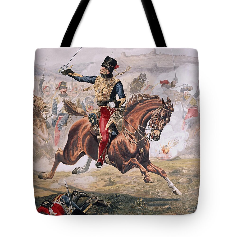 Horse Tote Bag featuring the painting Lord Cardigan leading the Charge of the Light Brigade at the Battle of Balaklava by Henry A Payne