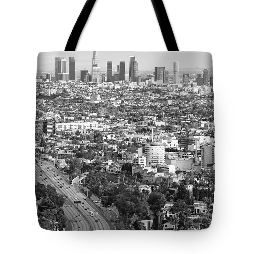 Los Angeles Skyline Tote Bag featuring the photograph Los Angeles Basin and Los Angeles Skyline Black and white Monochrome by Ram Vasudev